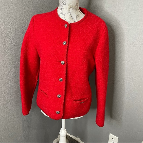 Sweaters - GEIGER Tyrol Womens Red Pure Wool Jacket Cardigan Made In Austria 42 Sweater